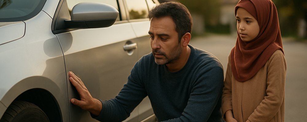 مرد جوانی کنار خودروی خود در پارکینگ، با دقت بدنهٔ خودرو را بررسی می‌کند