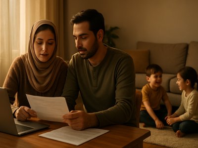 پدر و مادر و فرزندانشان در حال گفت‌وگو و برنامه‌ریزی آینده در خانه