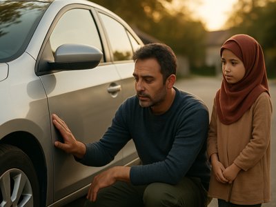 مرد جوانی کنار خودروی خود در پارکینگ، با دقت بدنهٔ خودرو را بررسی می‌کند
